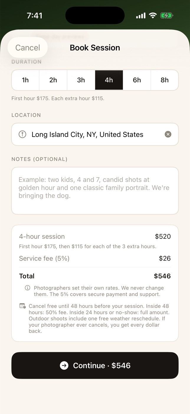 The booking screen with every dollar listed