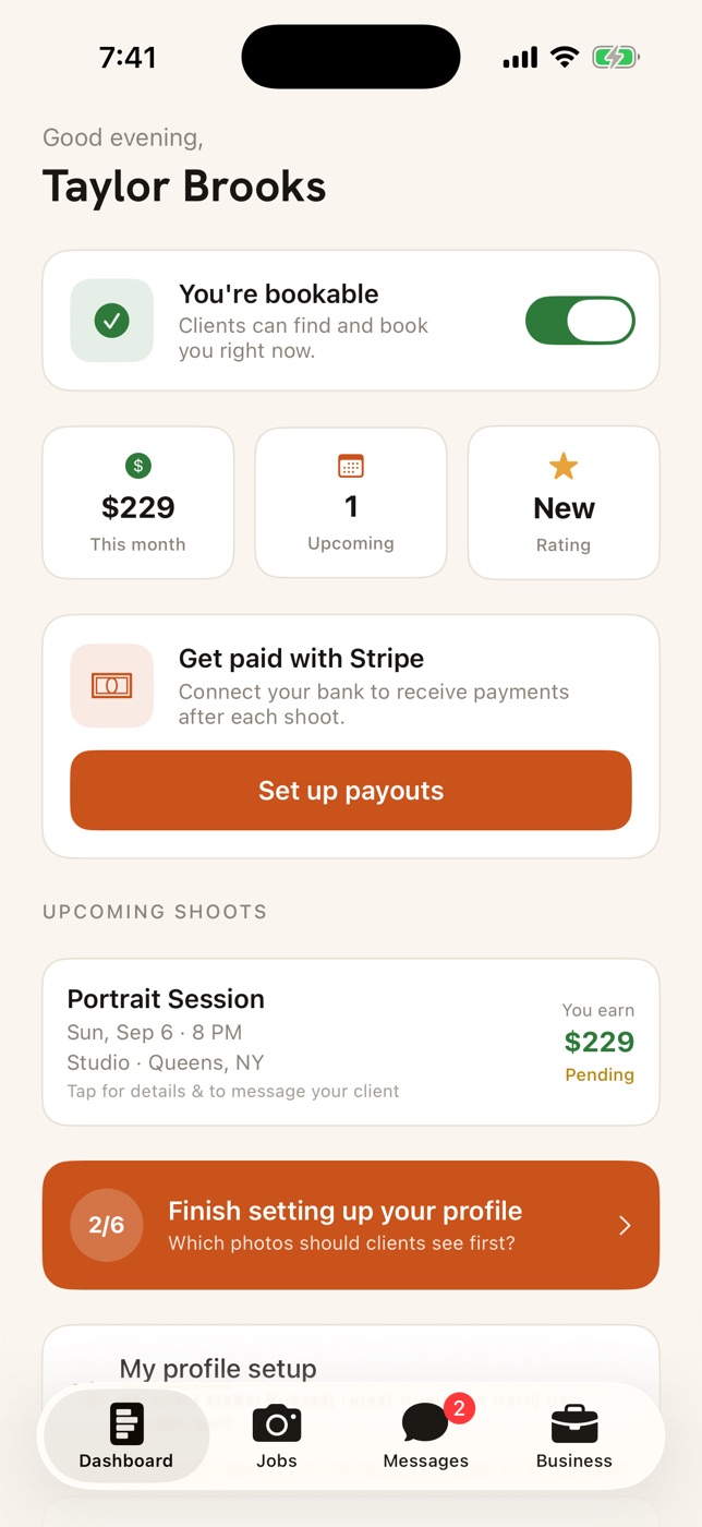 The photographer dashboard: bookable switch, this month's earnings, upcoming shoots and Stripe payouts
