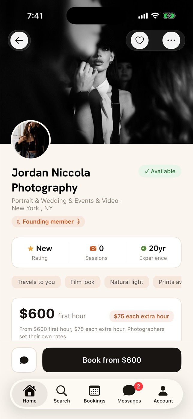A photographer's profile with portfolio and rates