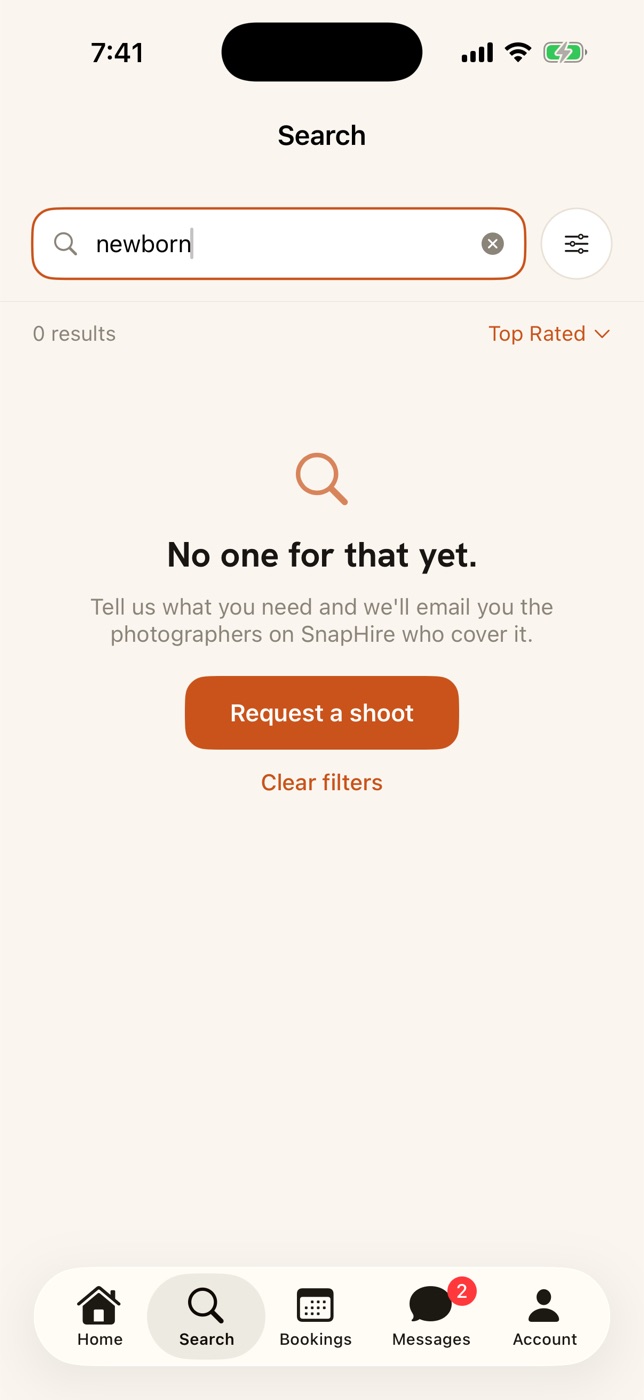 A search for newborn with no photographer yet and a Request a shoot button