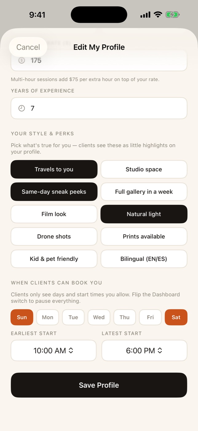 Setting the days and hours clients can book